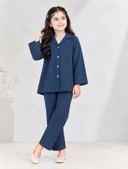 Girls Textured Winter Co-Ord Set – Button-Front Shirt & Trousers