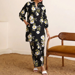 Black Daisy Print 2 pcs Unstitched Linen