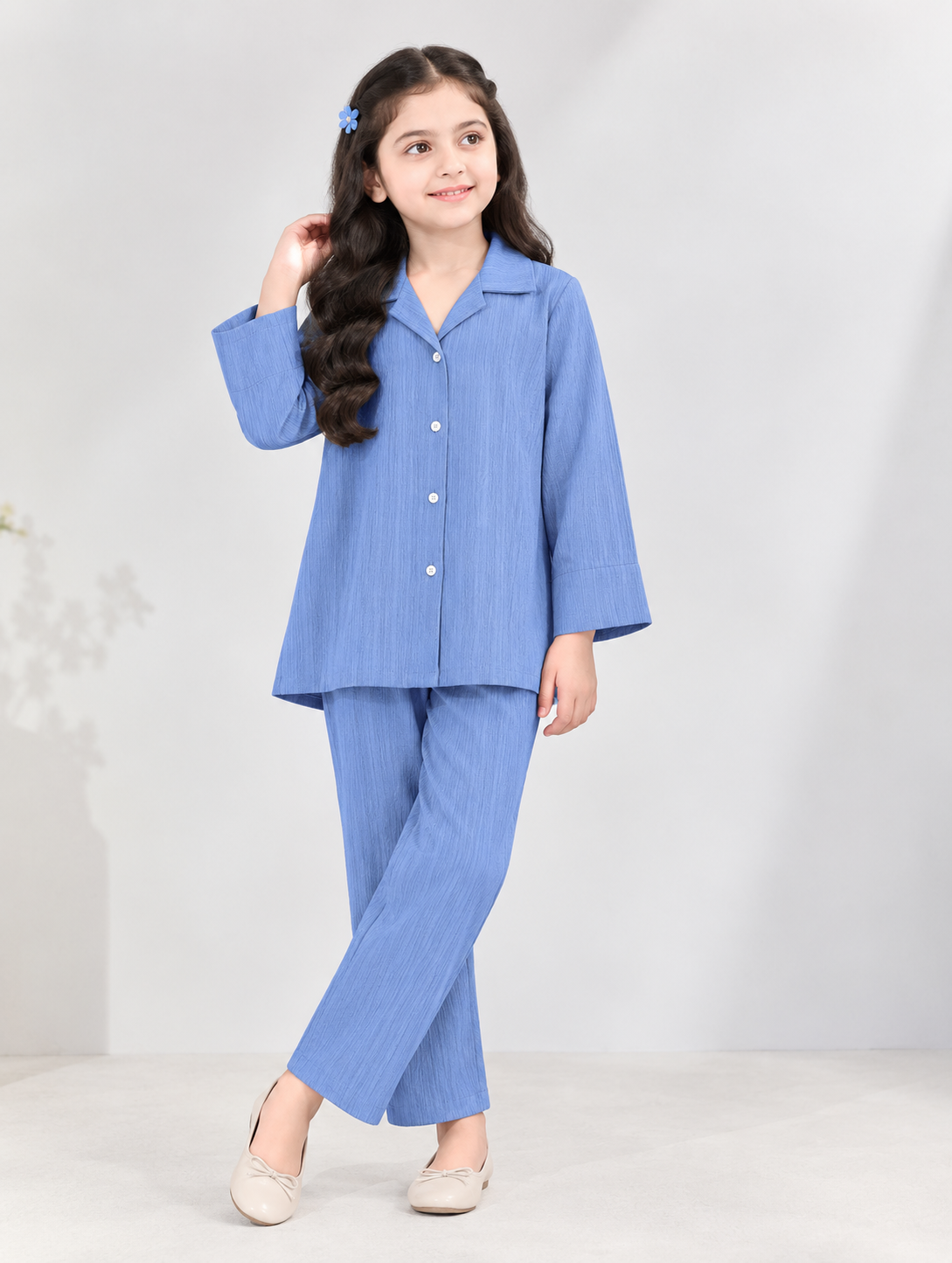 Girls Textured Winter Co-Ord Set – Button-Front Shirt & Trousers