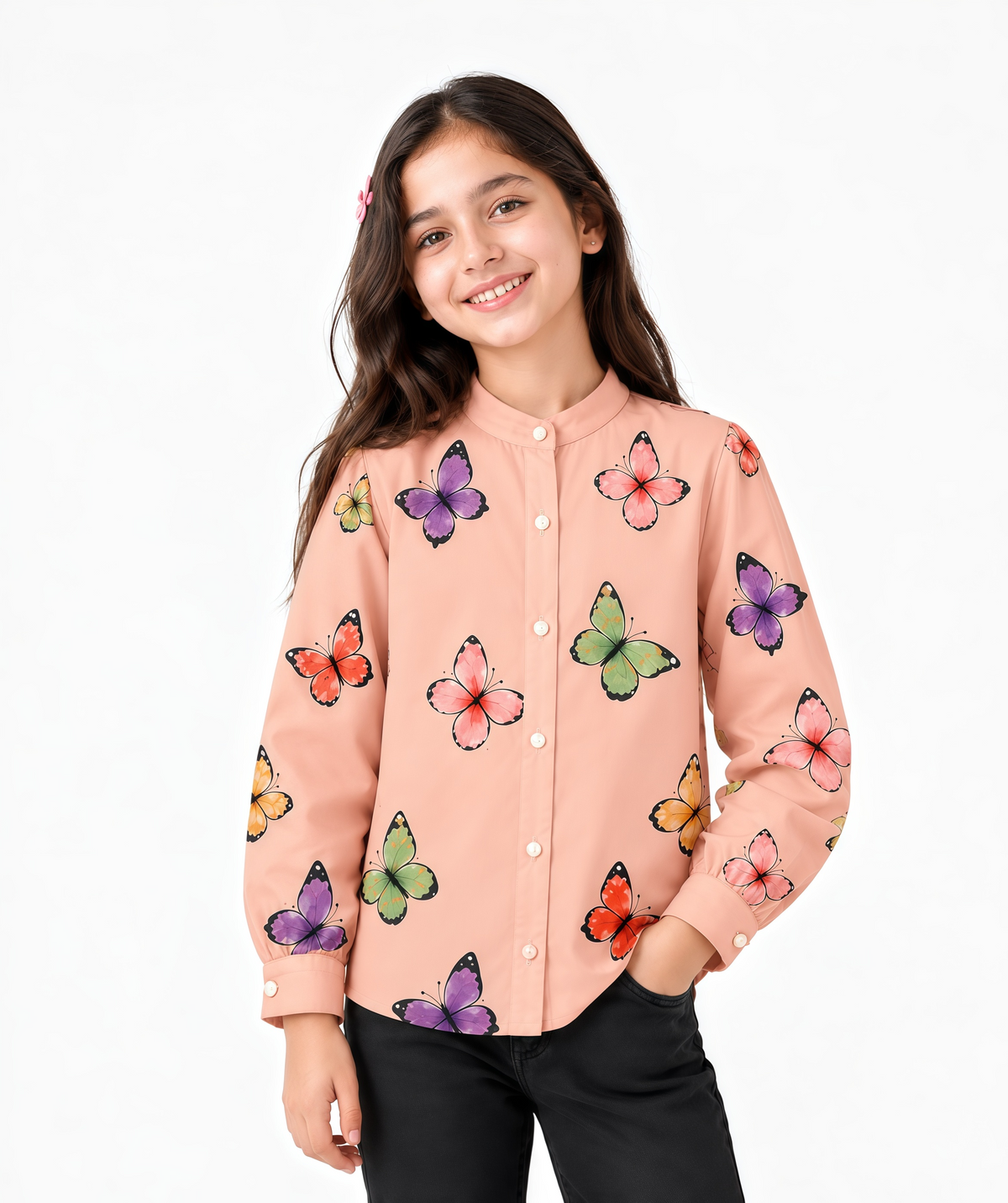 Girls Peach Butterfly Print Crepe Shirt | Full Sleeves