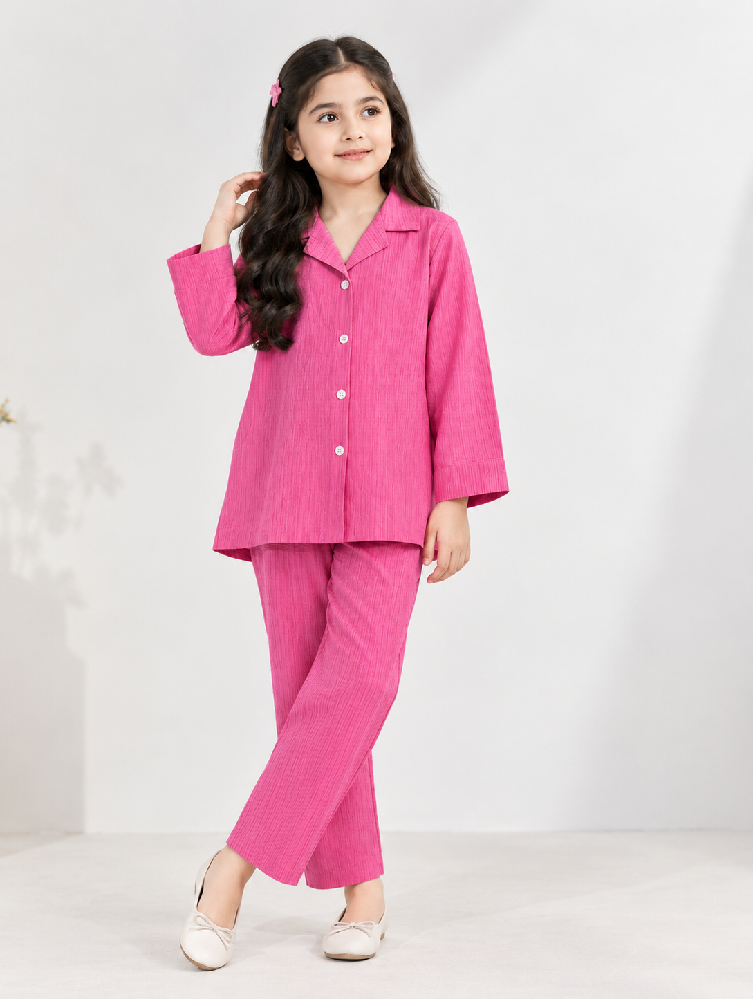 Girls Textured Winter Co-Ord Set – Button-Front Shirt & Trousers