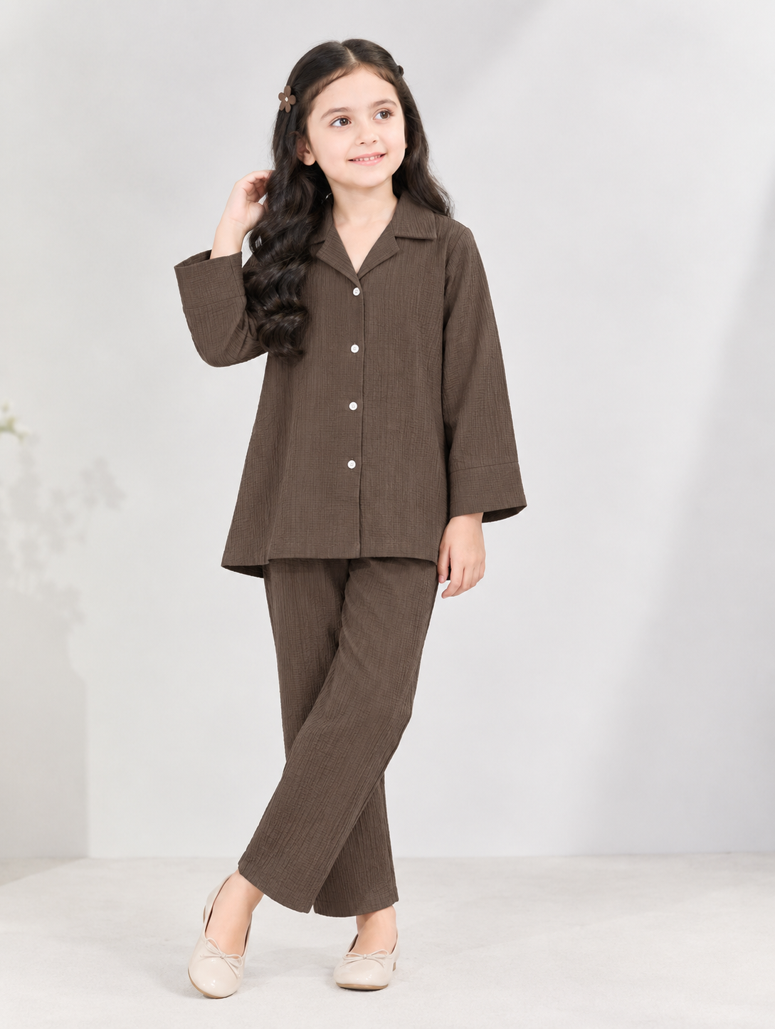 Girls Textured Winter Co-Ord Set – Button-Front Shirt & Trousers