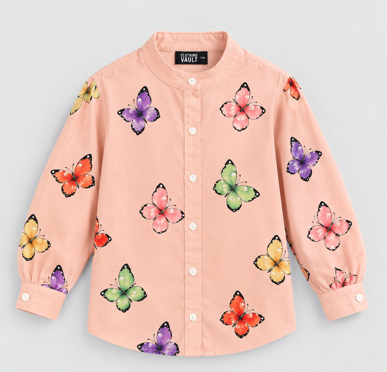 Girls Peach Butterfly Print Crepe Shirt | Full Sleeves