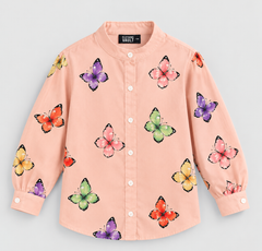 Girls Peach Butterfly Print Crepe Shirt | Full Sleeves
