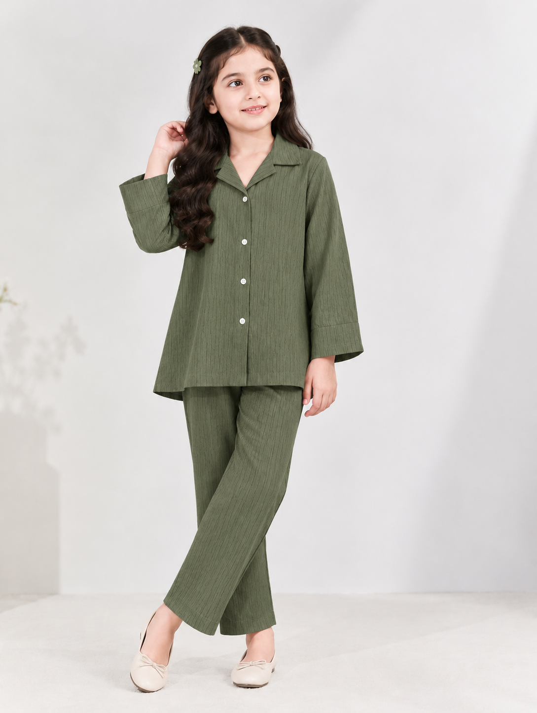 Girls Textured Winter Co-Ord Set – Button-Front Shirt & Trousers