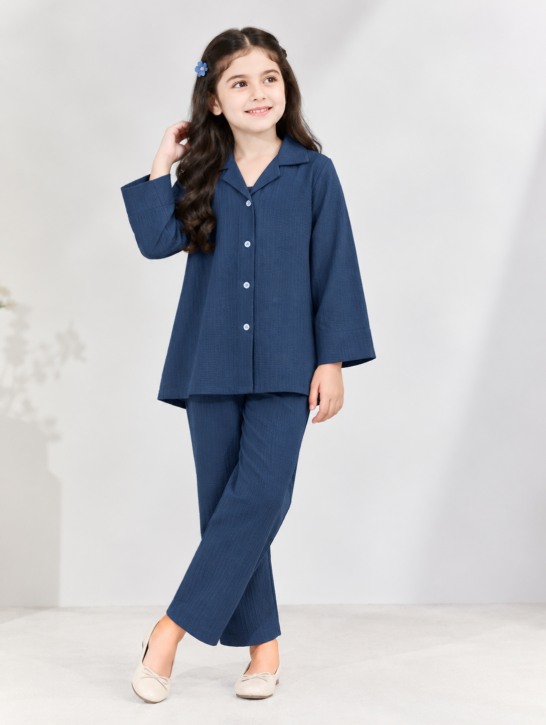 Girls Textured Winter Co-Ord Set – Button-Front Shirt & Trousers