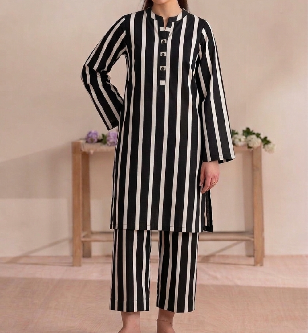 Timeless Black & White Print 2 pcs Unstitched Linen