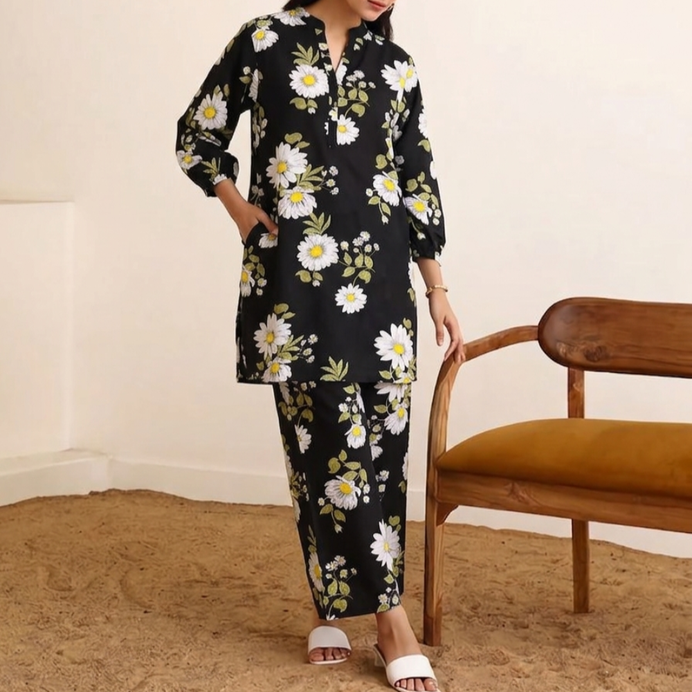 Black Daisy Print 2 pcs Unstitched Linen