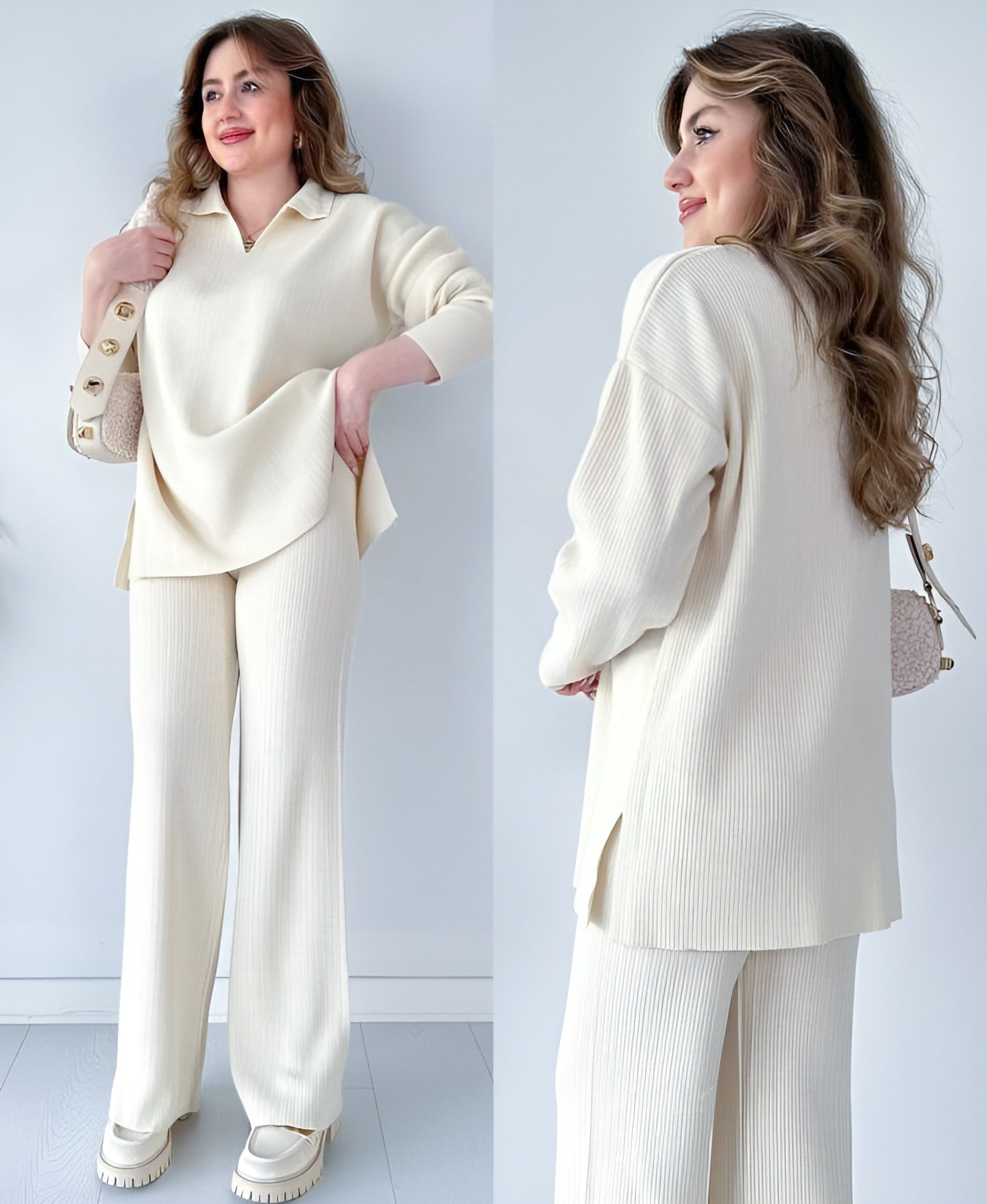 Women's Two Piece Sets Casual Loose Knitted Long Sleeve Sweater + Wide Leg Pants