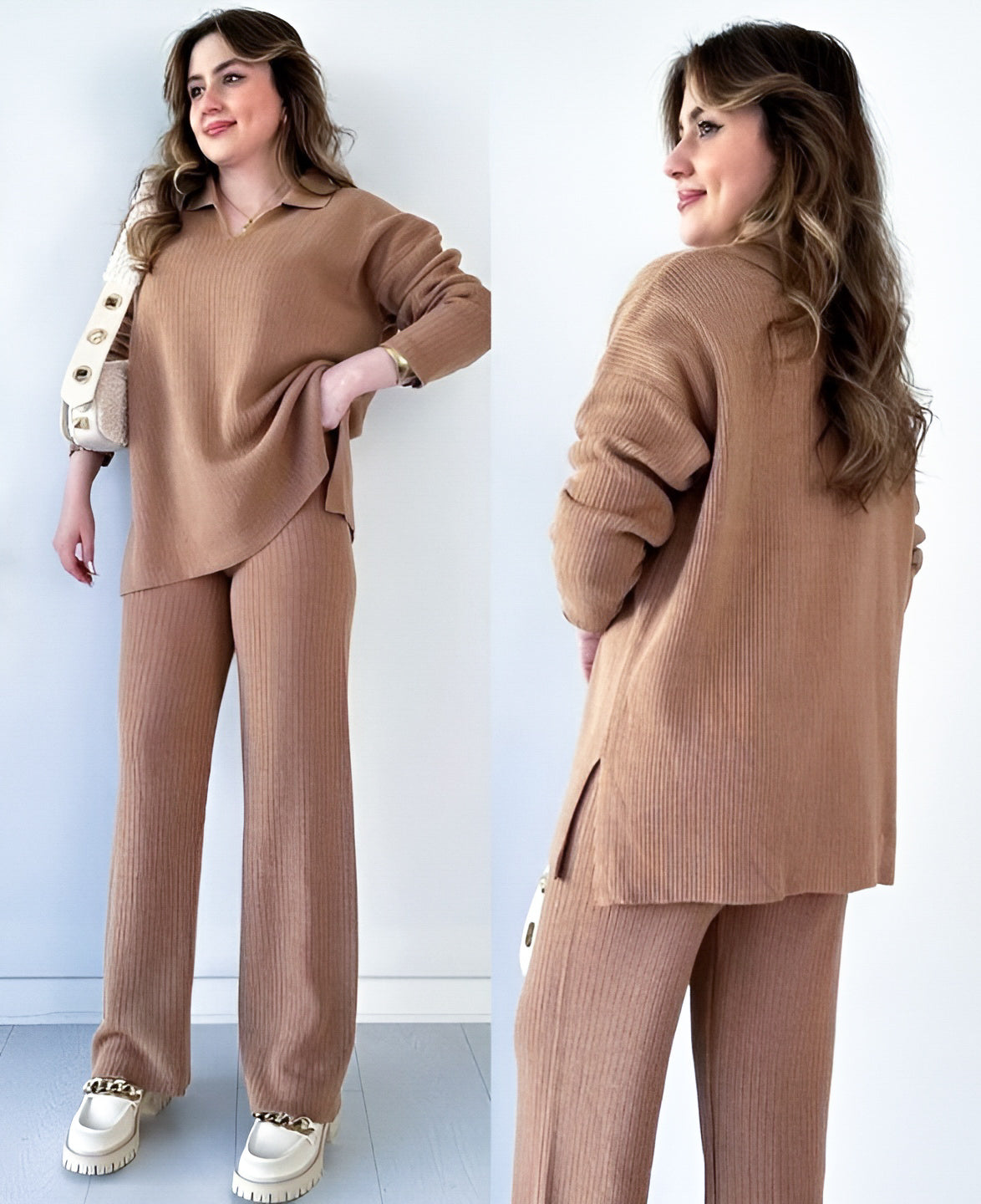 Women's Two Piece Sets Casual Loose Knitted Long Sleeve Sweater + Wide Leg Pants
