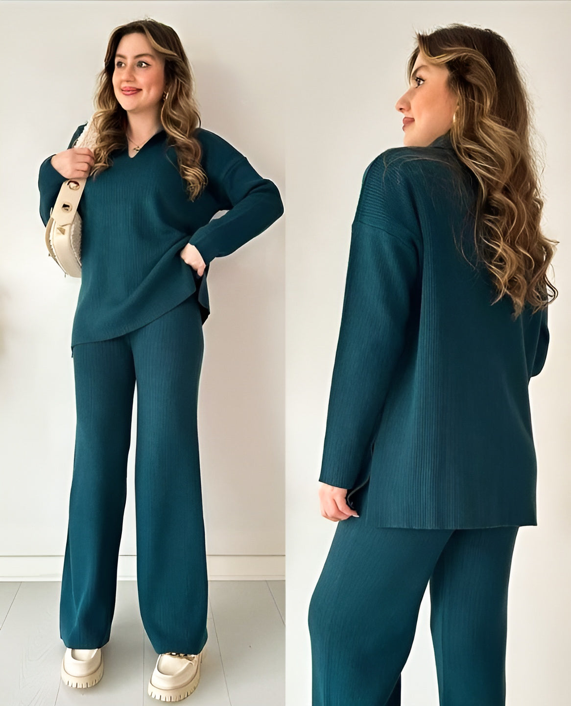 Women's Two Piece Sets Casual Loose Knitted Long Sleeve Sweater + Wide Leg Pants