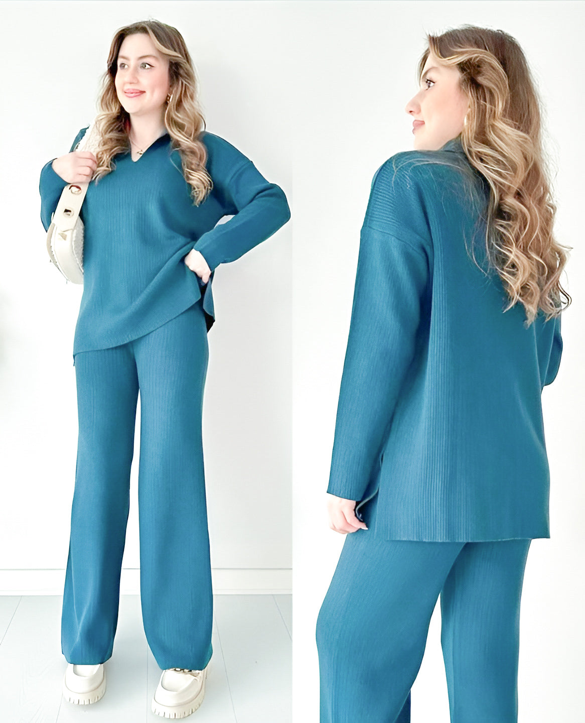 Women's Two Piece Sets Casual Loose Knitted Long Sleeve Sweater + Wide Leg Pants
