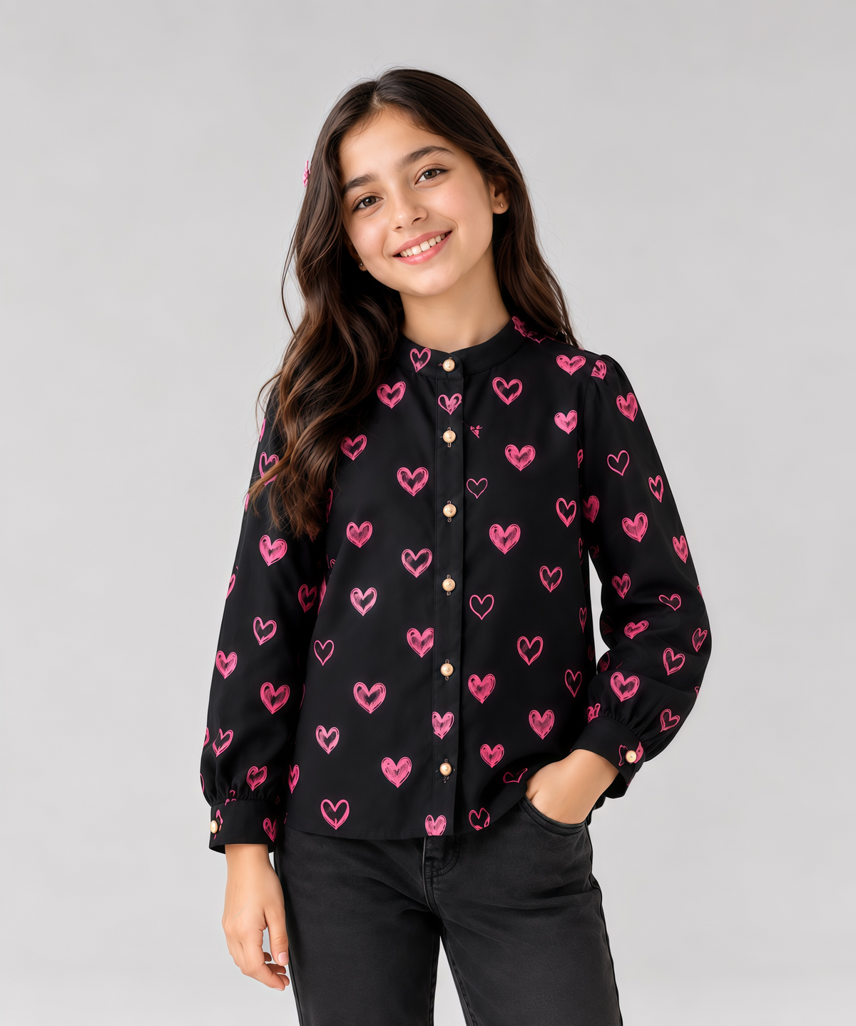 Girls Black Heart Printed Textured Crepe Shirt