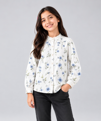 Girls Floral Print Textured Crepe Shirt – Blue & White