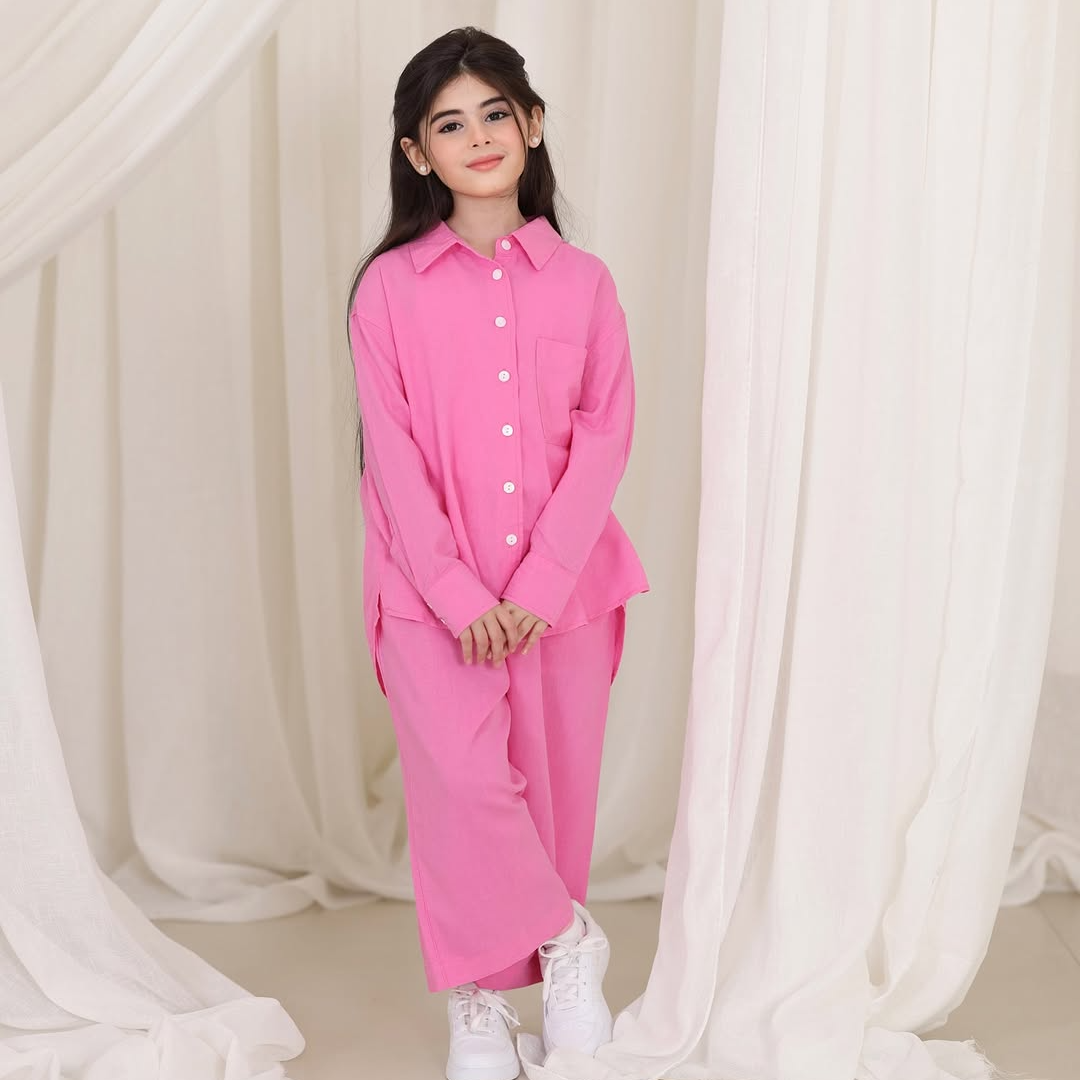 Rose PinkColor Front Button Girl Two Pieces Co Ord Set