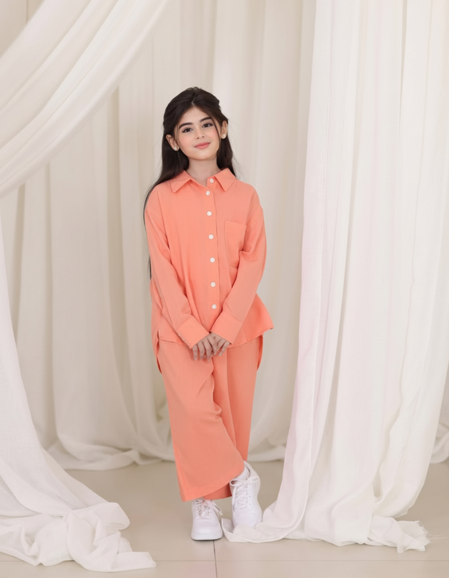 Orange Color Front Button Girl Two Pieces Co Ord Set