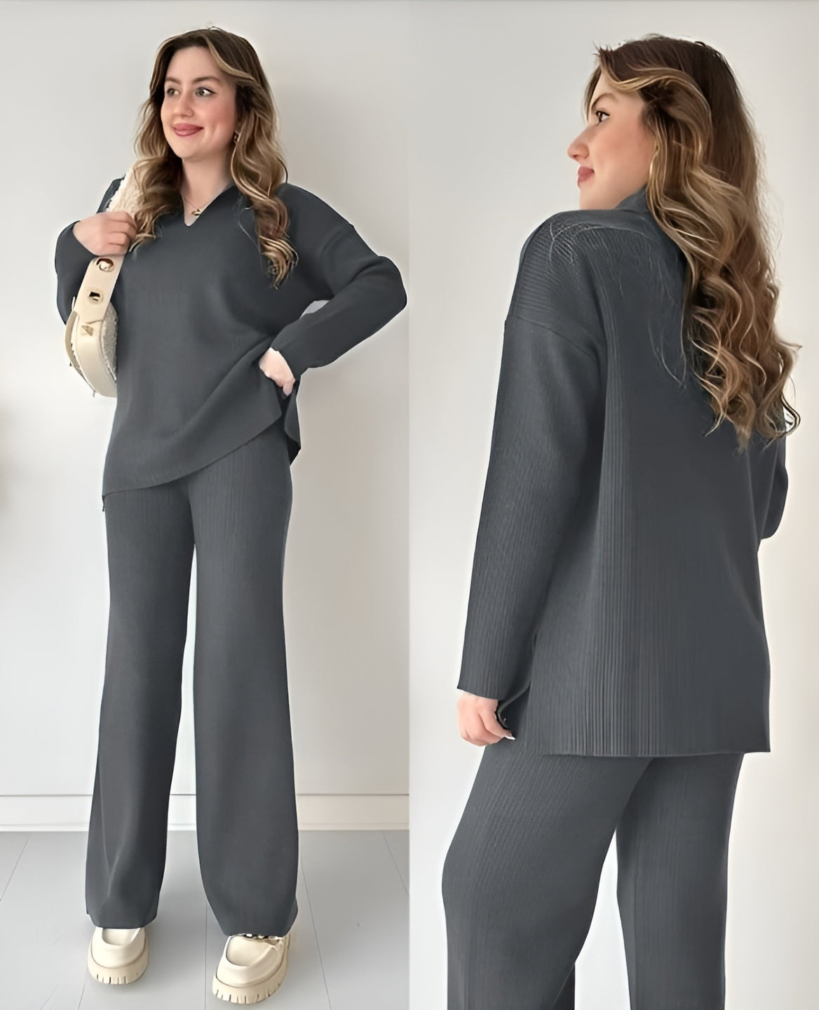 Women's Two Piece Sets Casual Loose Knitted Long Sleeve Sweater + Wide Leg Pants